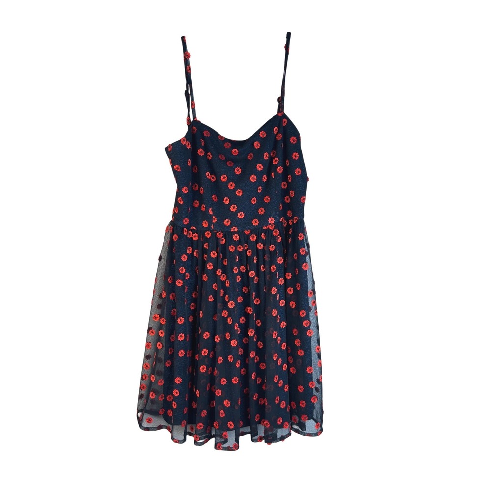 Greylin Women's Black Red‎ Floral Mesh Tulle Metallic Summer Mini Dress Size S